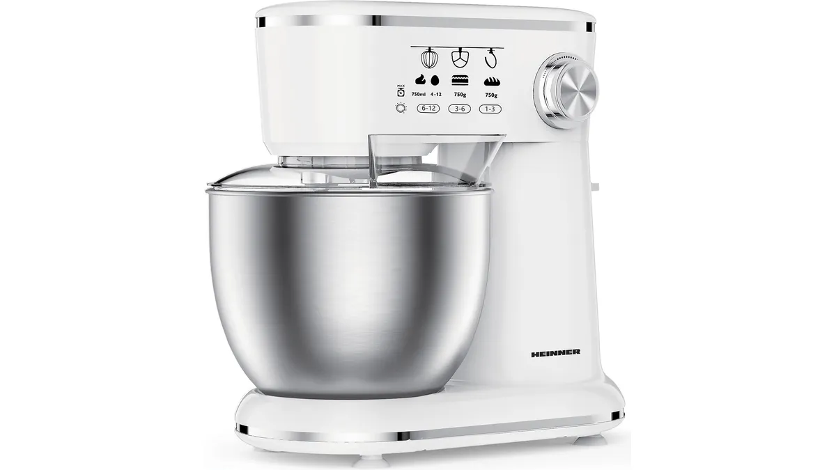 Mixerul planetar Heinner HPM-1000WHCH, alb, cu bolul din inox de 5 litri și capacul transparent