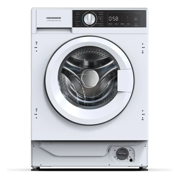 Mașina de spălat rufe incorporabilă Heinner HWM-BI814IVA+++, albă, cu display digital, văzută din față