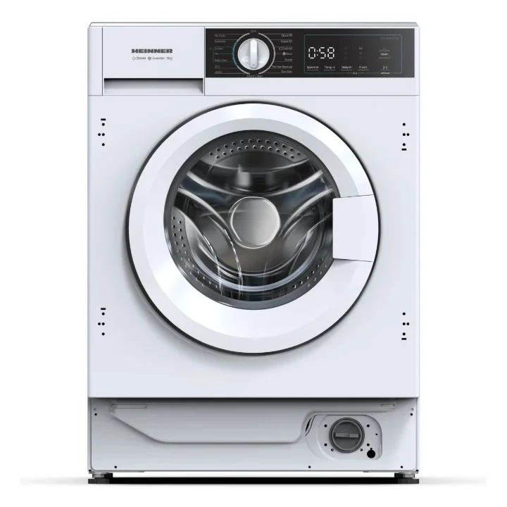 Mașina de spălat rufe incorporabilă Heinner HWM-BI914IVA+++, albă, cu display digital, văzută din față