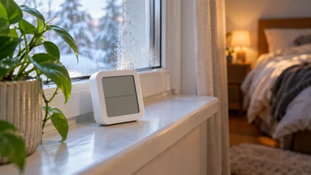 Un termohigrometru alb, fără marcă, pe pervazul unui dormitor, lângă un geam aburit și o plantă, într-o dimineață de iarnă