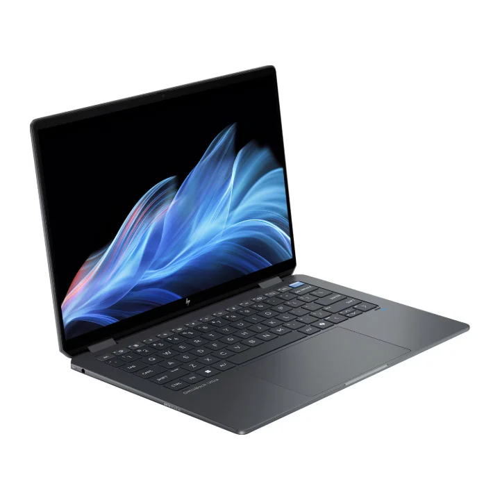 Laptopul 2-în-1 HP OmniBook Ultra Flip 14, gri închis, deschis și văzut din trei sferturi