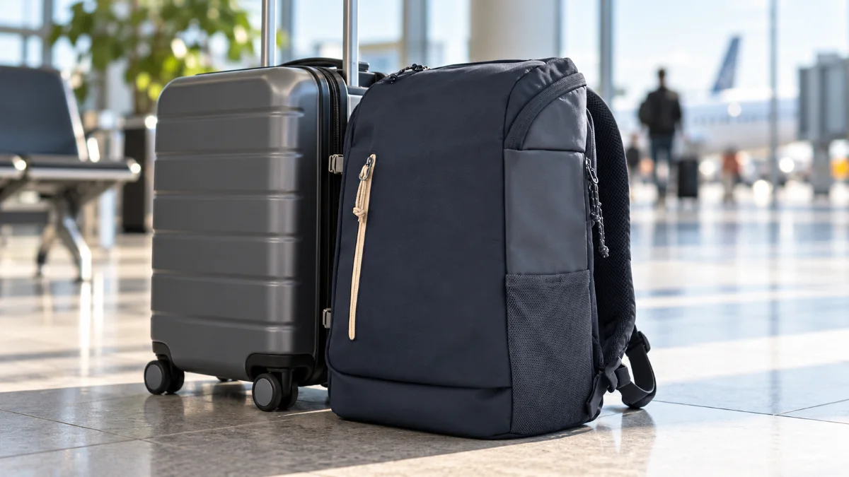 Un rucsac de laptop albastru închis, cu fermoar bej pe buzunarul din față, sprijinit de o valiză mică într-un aeroport