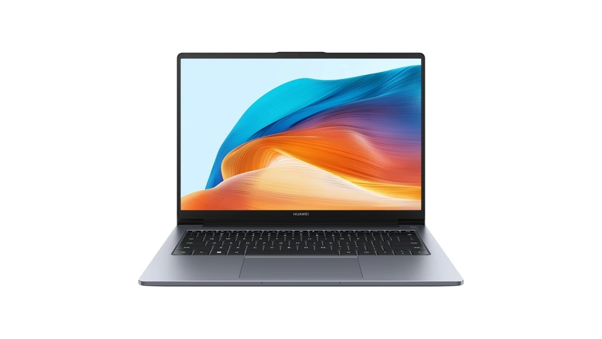 Laptopul Huawei MateBook D 14 deschis, văzut din față, în culoarea Space Gray