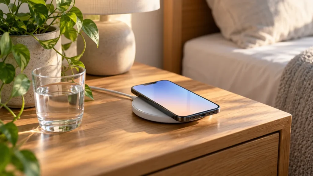 Încărcător wireless rotund alb, cu un telefon pe el, pe o noptieră din lemn