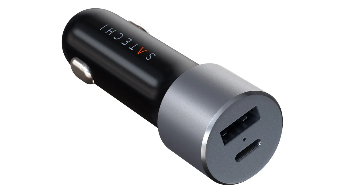Încărcător auto Satechi 72W din aluminiu, cu un port USB-C și un port USB-A