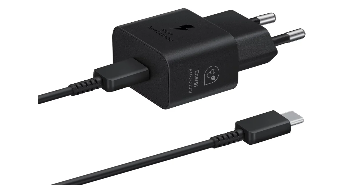 Încărcător Samsung de 25 W, negru, cu un port USB-C și cablu USB-C la USB-C