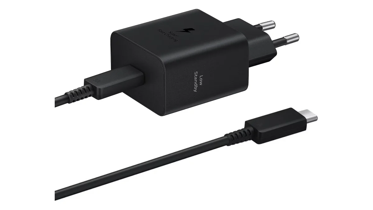 Încărcător Samsung de 45 W, negru, cu un port USB-C și cablu USB-C la USB-C
