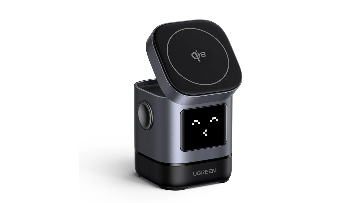 Încărcător wireless magnetic Ugreen Uno 2-in-1, gri, cu suport pliabil
