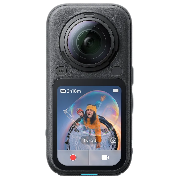 Camera 360° Insta360 X6, vedere frontală cu ecranul
