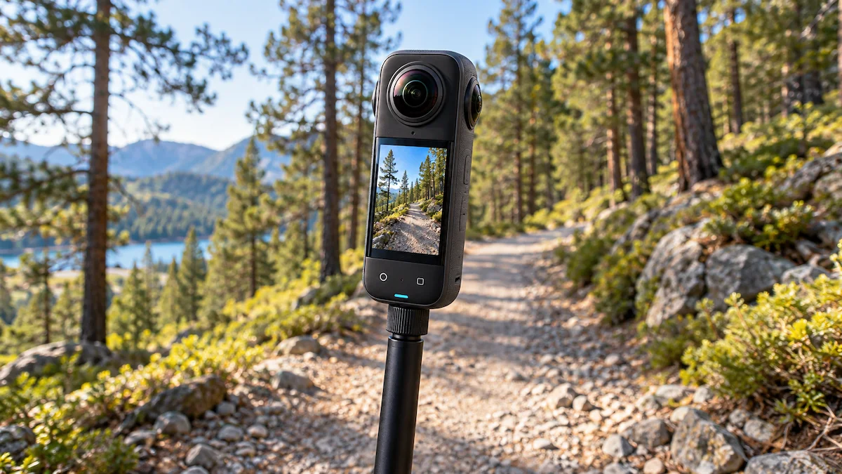 Cameră 360° Insta360 X6 pe un băț de selfie, deasupra unei poteci de bicicletă cu pietriș, într-o pădure de pin