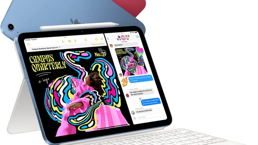 iPad 11 cu cipul A16, albastru, așezat pe tastatura Magic Keyboard Folio, cu alte tablete iPad colorate în spate