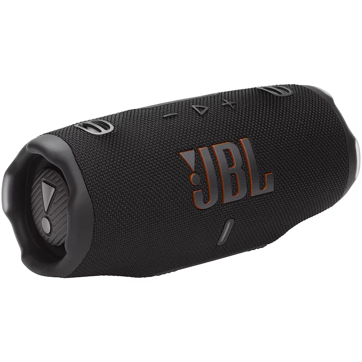 Boxa portabilă JBL Charge 6, neagră, văzută din lateral