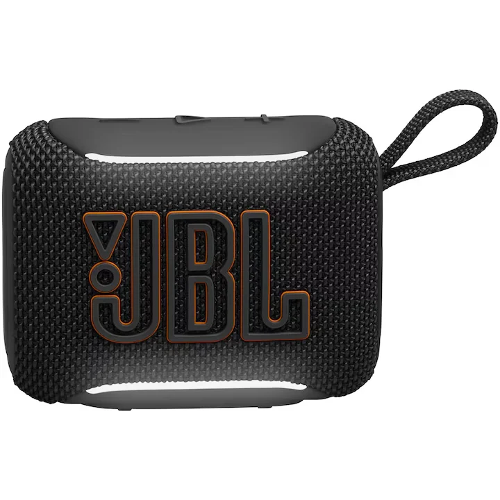 Boxa portabilă JBL Go 5, neagră, cu curea, văzută din față