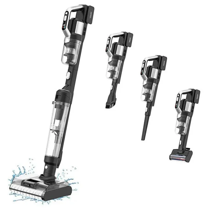 Aspirator vertical cu spălare JIMMY PW11 Pro negru, în configurațiile de aspirator vertical și de mână, pe fundal alb