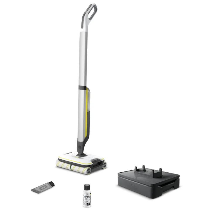 Mop electric fără fir Kärcher FC 7 Cordless alb, cu stația de parcare și accesoriile, pe fundal alb