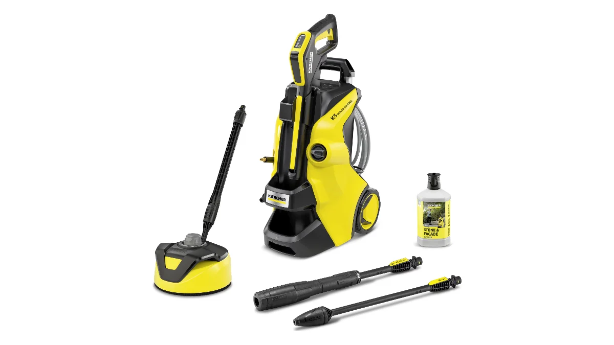 Aparatul de spălat cu presiune Kärcher K5 Power Control Flex Home, galben, cu pistolul, lăncile, peria de suprafețe T 5 și flaconul de detergent din set