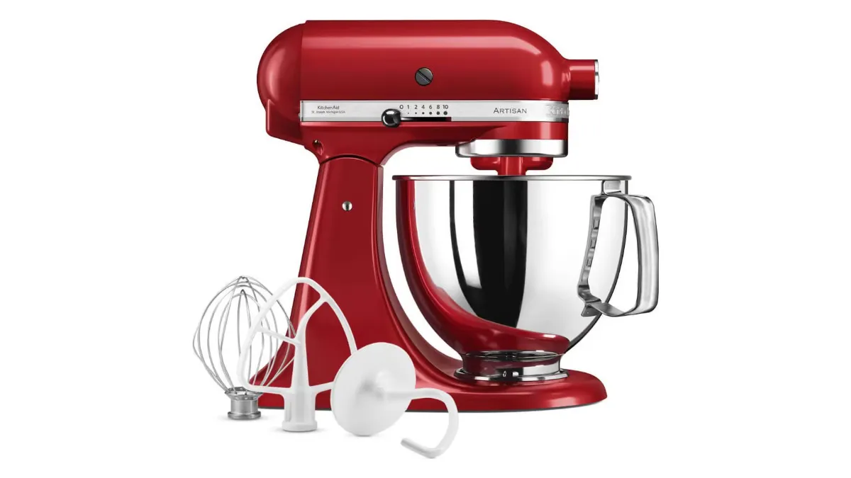 Mixerul planetar KitchenAid Artisan 5KSM125EER, roșu Empire Red, cu bolul din inox și accesoriile tel, cârlig și bătător plat alături