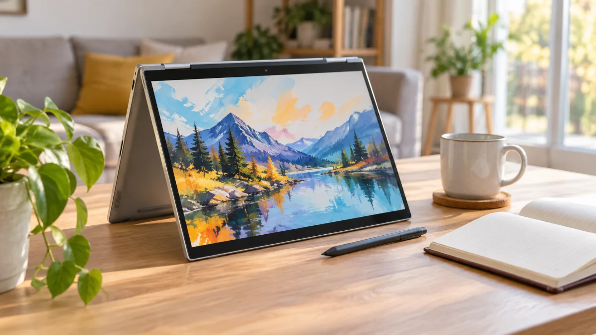 Un laptop convertibil gri deschis, rotit în modul cort pe o masă de lemn într-un living luminos, cu o pictură de peisaj pe ecran și un stilou digital alături
