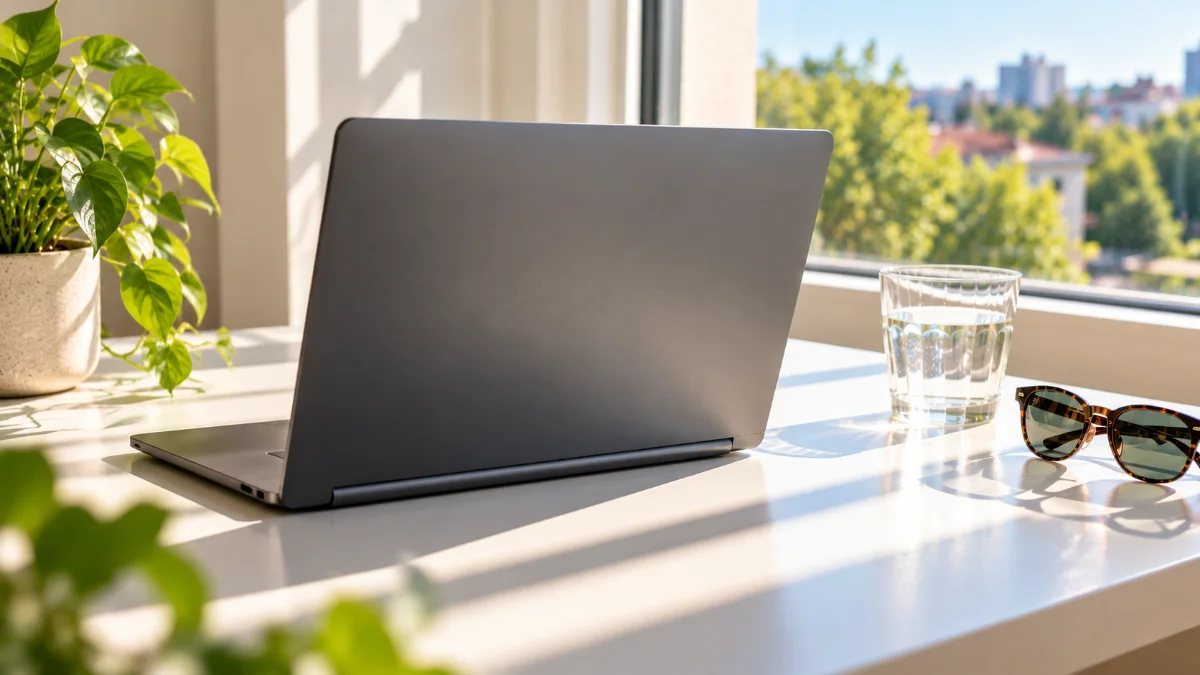 Un laptop gri închis, deschis pe o masă albă lângă o fereastră însorită, văzut din spate, cu un pahar cu apă și ochelari de soare alături