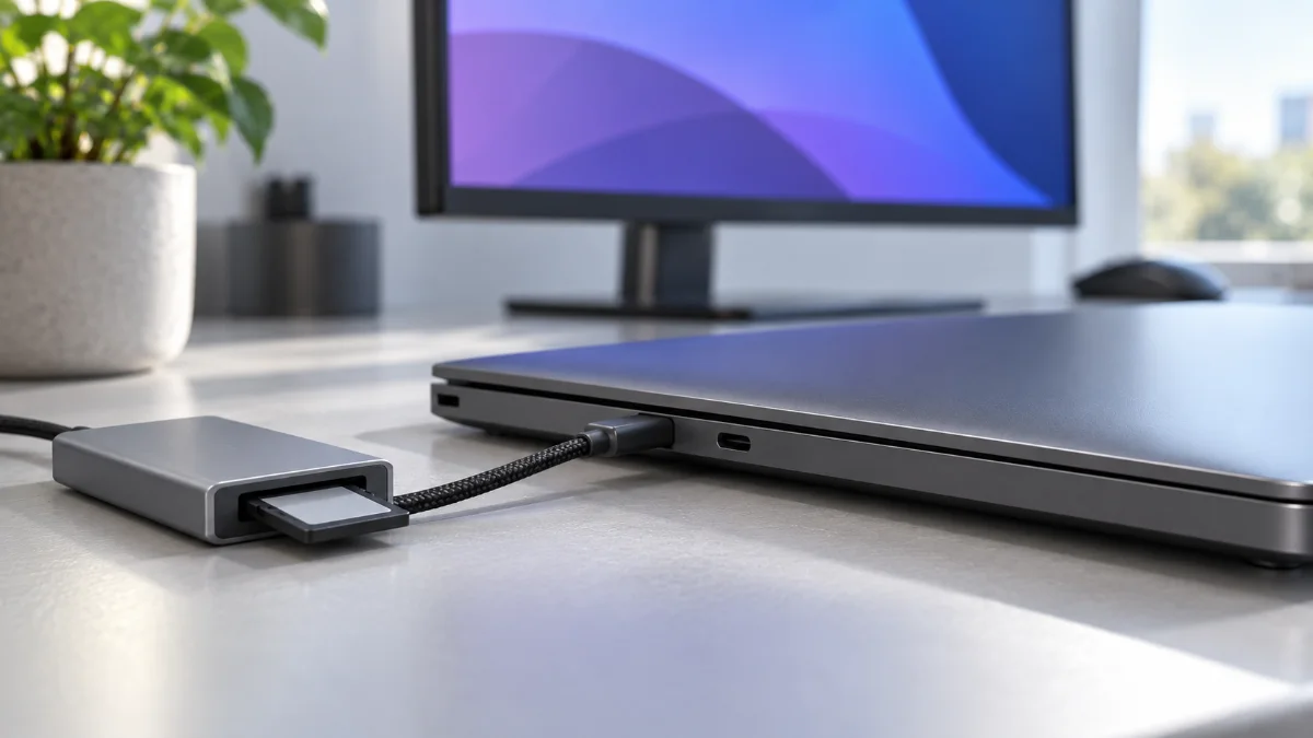 Marginea unui laptop gri închis, cu un cablu împletit într-un port, legat la un cititor de card cu un card introdus, cu un monitor extern în fundal