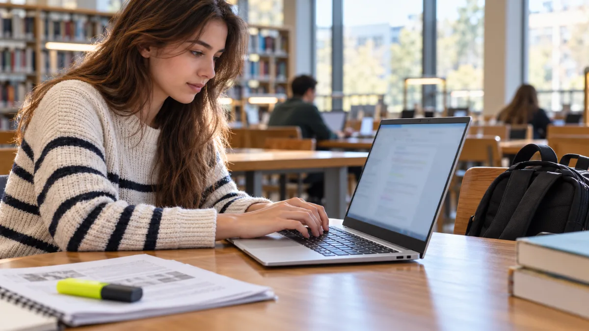 Studentă care ia notițe pe un laptop argintiu de 15,6 inch, la o masă din biblioteca universității