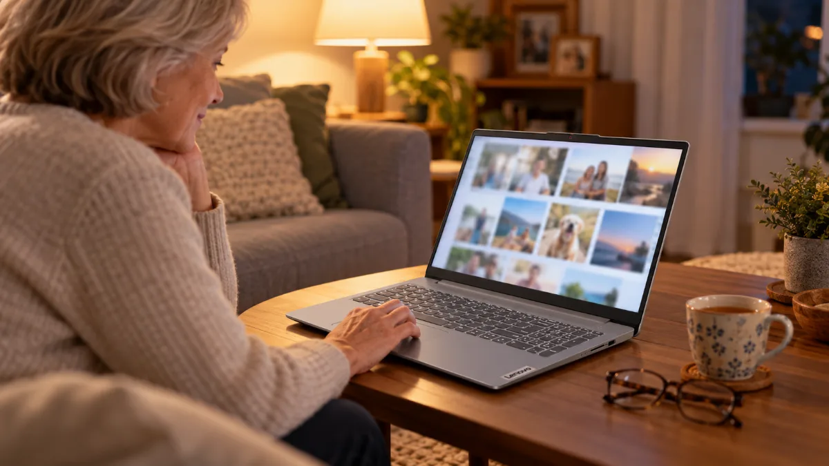 Femeie în vârstă care se uită la fotografii de familie pe un laptop gri, pe măsuța din sufragerie