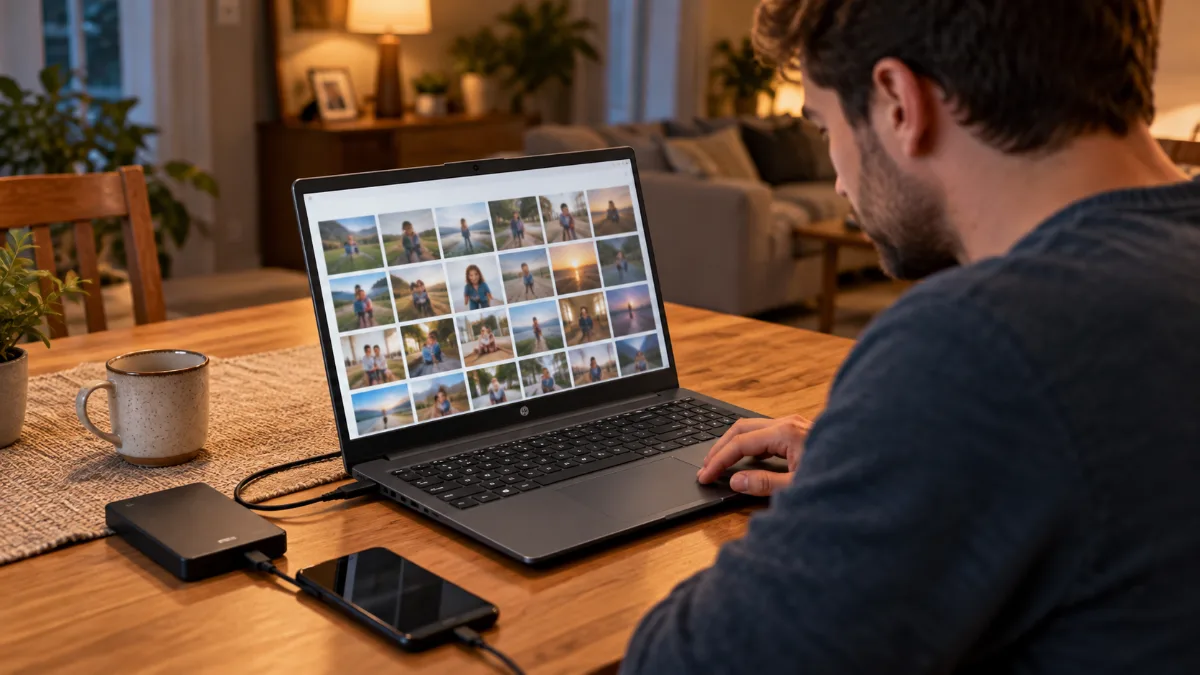 Bărbat care sortează fotografii de familie pe un laptop gri-închis, lângă un hard disk extern și un telefon