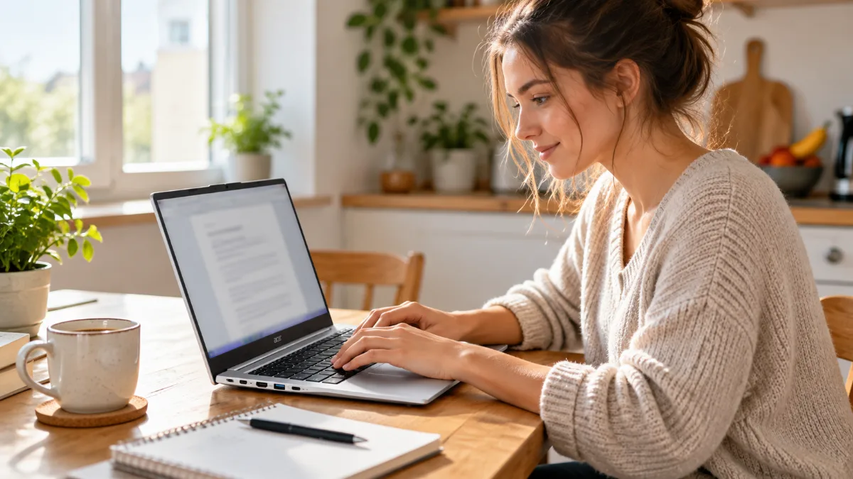 Femeie care scrie la un laptop argintiu de 15,6 inch, la masa din bucătărie, lângă o cană de cafea