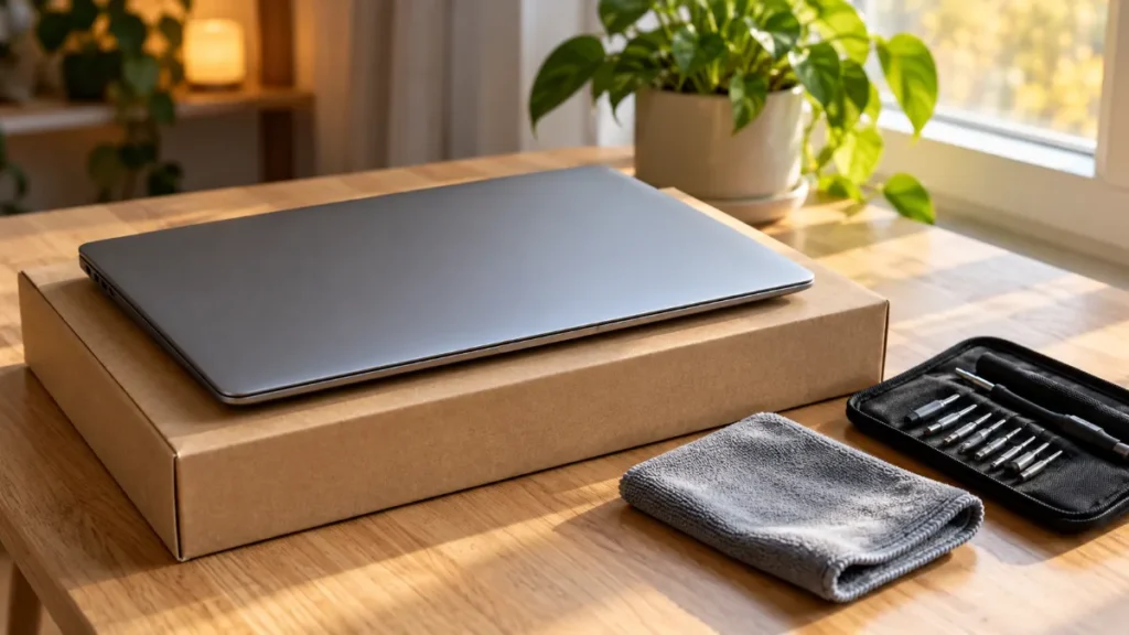 Laptop argintiu închis, așezat pe o cutie de carton simplă pe o masă din lemn, lângă o lavetă din microfibră gri și un set de șurubelnițe de precizie