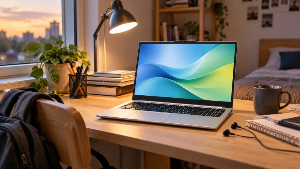 Laptop argintiu de 15,6 inch pe biroul de lemn al unei camere de student, lângă o lampă aprinsă și un rucsac