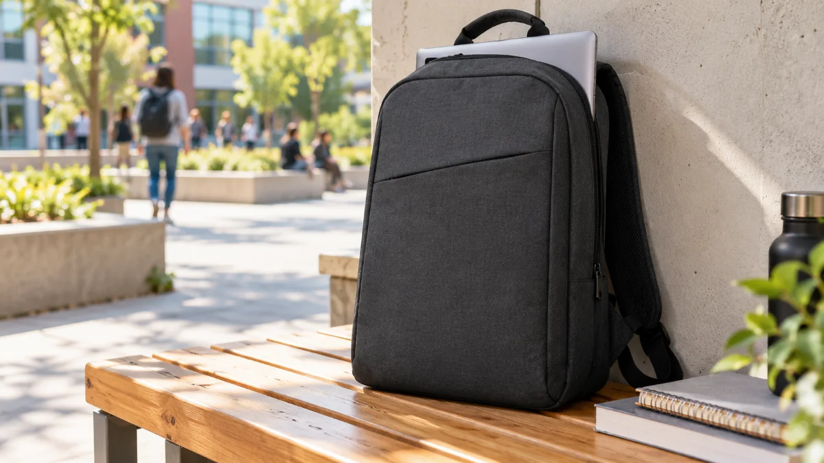 Un rucsac de laptop subțire, gri-antracit, sprijinit pe o bancă de lemn, cu un laptop ieșit pe jumătate din compartiment