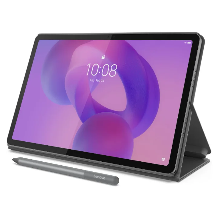 Tabletă Lenovo Idea Tab gri în husa Folio, cu stiloul Lenovo Tab Pen alături