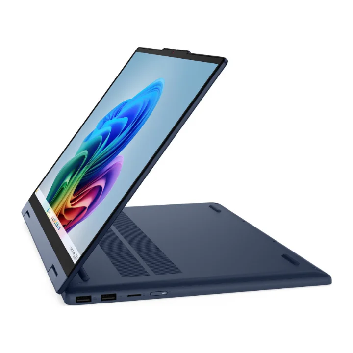 Laptopul convertibil Lenovo IdeaPad 5 2-in-1 15IPH11, albastru închis, deschis și văzut din lateral
