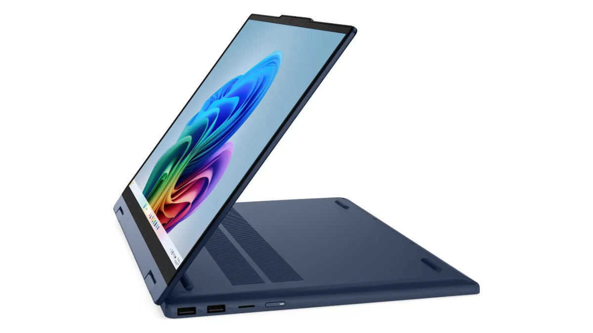 Laptopul convertibil Lenovo IdeaPad 5 2-in-1 15IPH11, albastru închis, deschis și văzut din lateral