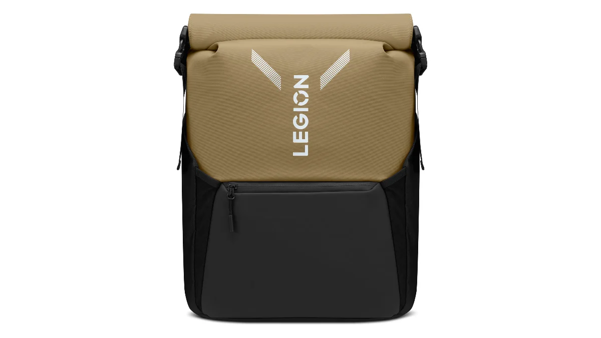 Rucsacul de gaming Lenovo Legion GB500 de 16 inchi, negru cu clapetă galbenă, văzut din față