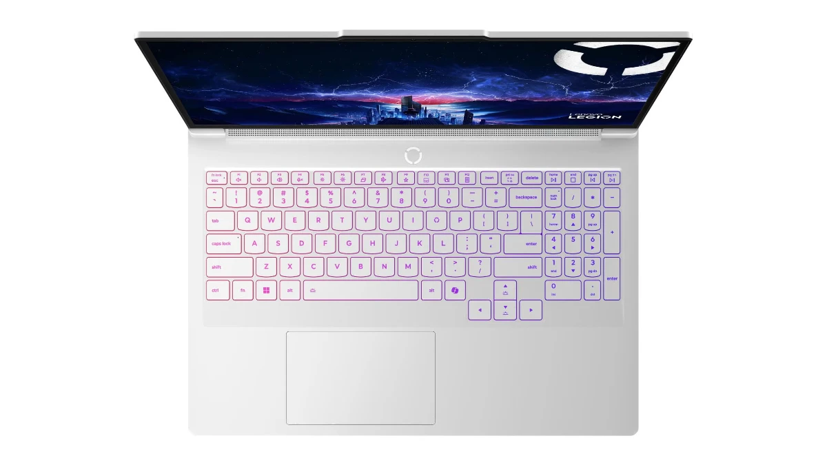 Lenovo Legion Pro 7 16IAX10H alb, văzut de sus, cu tastatura cu bloc numeric, iluminarea RGB pe fiecare tastă și touchpadul