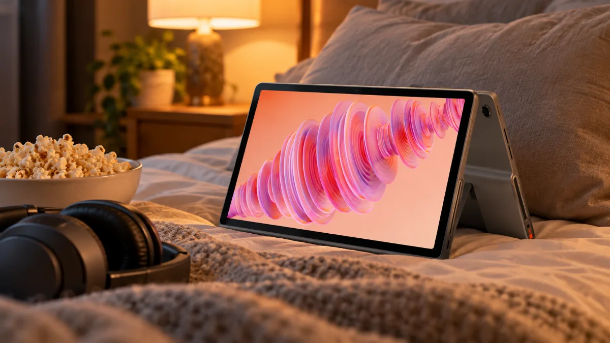 Tabletă Lenovo Tab Plus pe un pat, seara, lângă un bol cu floricele și o pereche de căști
