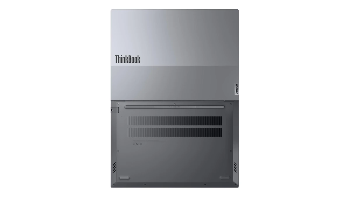 Lenovo ThinkBook 14 G8 IAL deschis la 180 de grade, văzut de sus, cu partea de jos a carcasei și grilele de ventilație