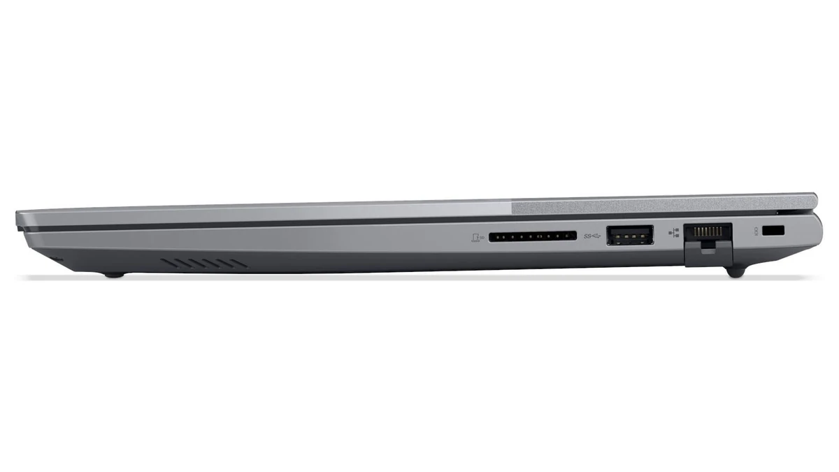 Partea dreaptă a laptopului Lenovo ThinkBook 14 G8 IAL, cu cititorul de carduri SD, un port USB-A și portul de rețea RJ-45