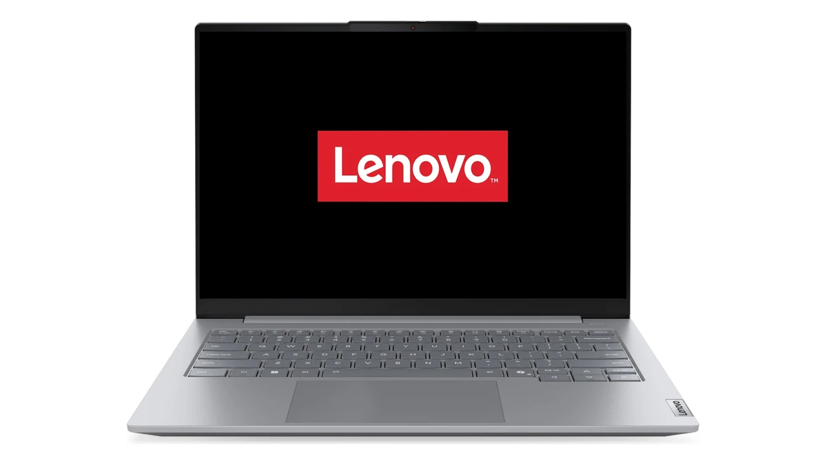 Lenovo ThinkBook 14 G8 IAL deschis, văzut din față, cu ecranul de 14 inch, tastatura și touchpadul