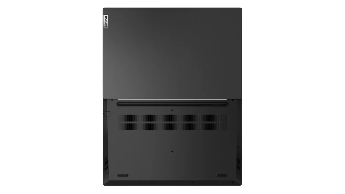 Partea de dedesubt a lui Lenovo V15 G4 AMN, cu fantele de ventilație de lângă balama și picioarele de cauciuc
