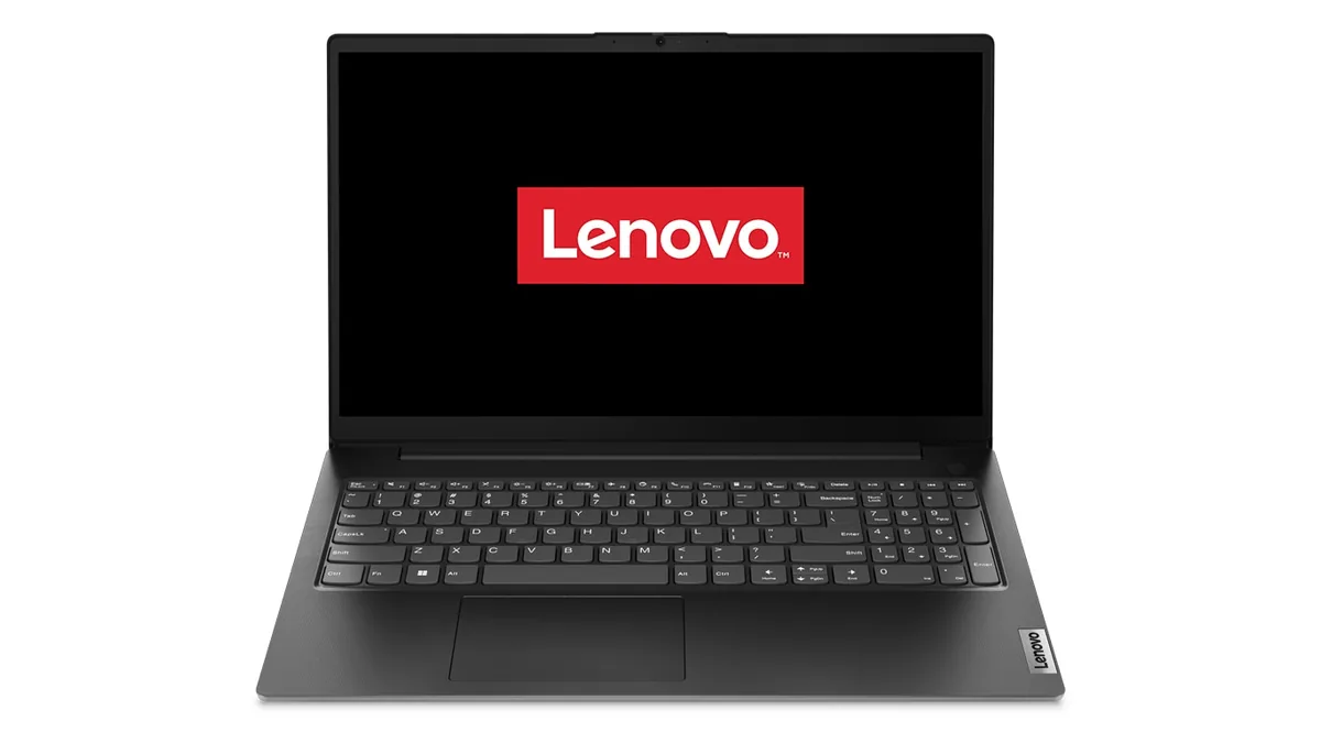 Lenovo V15 G4 AMN văzut din față, cu ecranul Full HD de 15,6 inci, camera web de deasupra și tastatura neagră