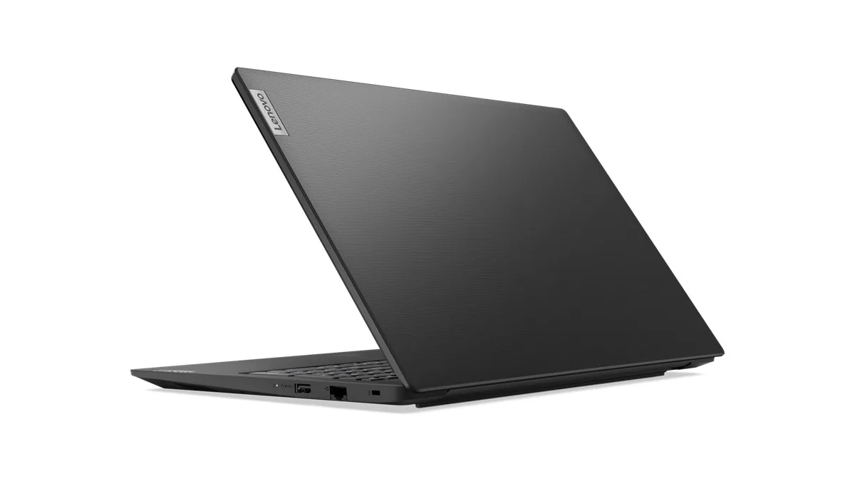 Lenovo V15 G4 AMN văzut din spate și din dreapta, cu capacul negru, portul USB-A, portul de rețea RJ-45 și slotul de securitate