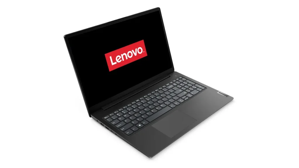 Laptopul Lenovo V15 G4 AMN negru, deschis și văzut din trei sferturi, cu tastatura cu bloc numeric și ecranul de 15,6 inci
