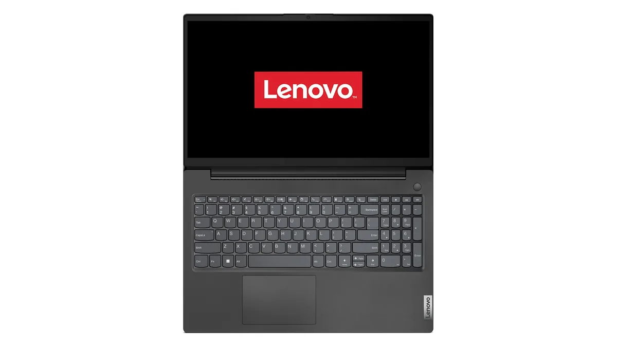 Tastatura neiluminată cu bloc numeric și touchpadul lui Lenovo V15 G4 AMN, văzute de sus