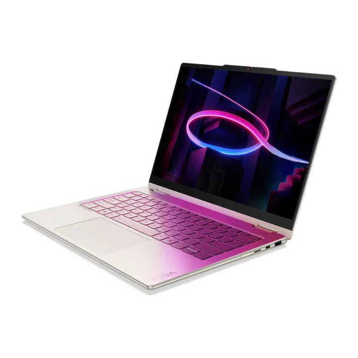 Laptopul convertibil Lenovo Yoga 7 2-in-1 14IPH11, bej deschis, deschis și văzut din trei sferturi
