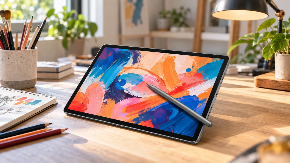 Tabletă Lenovo Yoga Tab pe biroul unui ilustrator, cu un desen colorat pe ecran și stiloul așezat deasupra