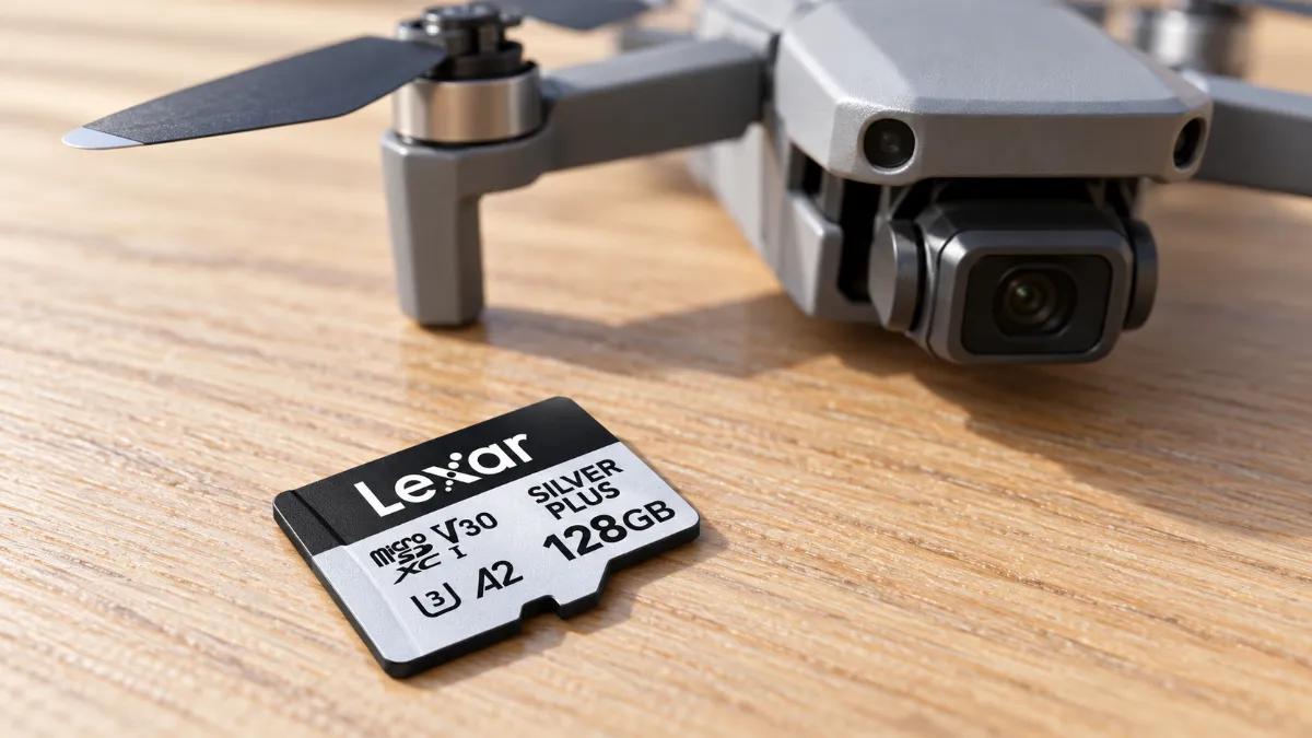 Un card microSD argintiu cu negru, de forma lui Lexar Professional SILVER Plus 128GB, pe o masă de lemn lângă o dronă gri fără marcă