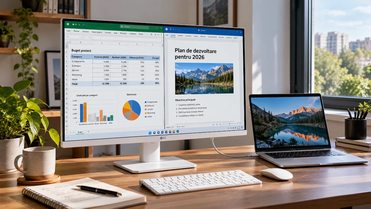 Monitor LG UltraFine 27UQ850V-W alb pe un birou luminos, legat de un laptop printr-un singur cablu