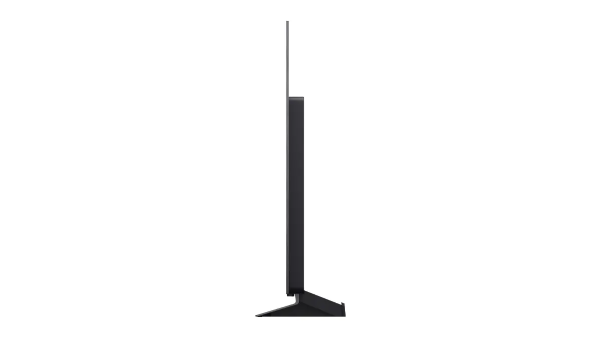 Profilul televizorului LG OLED evo C6 de 55 inch, cu panoul subțire și suportul central